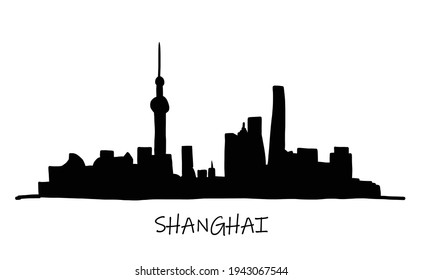 Shanghai Skyline Freehand Drawing Sketch On White Background. Vector Illustration.