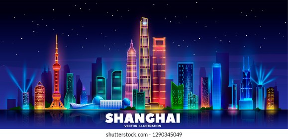 Shanghai skyline at night. Vector illustration.