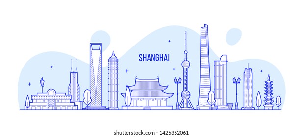 Shanghai skyline, People's Republic of China. This illustration represents the city with its most notable buildings. Vector is fully editable, every object is holistic and movable