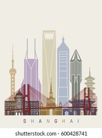 Shanghai skyline poster in editable vector file
