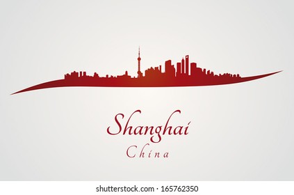 Shanghai skyline in red and gray background in editable vector file