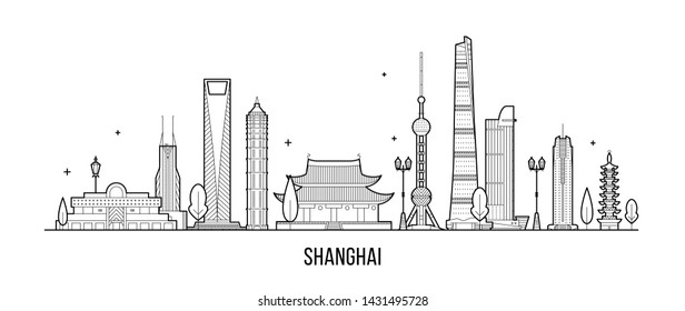 Skyline von Shanghai, Republik China. Diese Abbildung stellt die Stadt mit ihren bemerkenswertesten Gebäuden dar. Vektorgrafik ist vollständig editierbar, jedes Objekt ist holistisch und beweglich