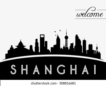 Shanghai skyline silhouette black and white design, vector illustration