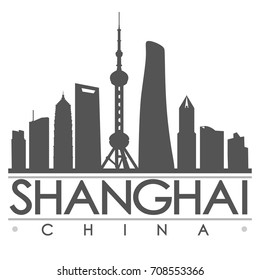 Shanghai Skyline Silhouette. Design City Vector Art. Landmark Famous Buildings.