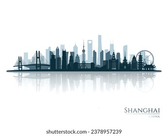 Shanghai skyline silhouette with reflection. Landscape Shanghai, China. Vector illustration.