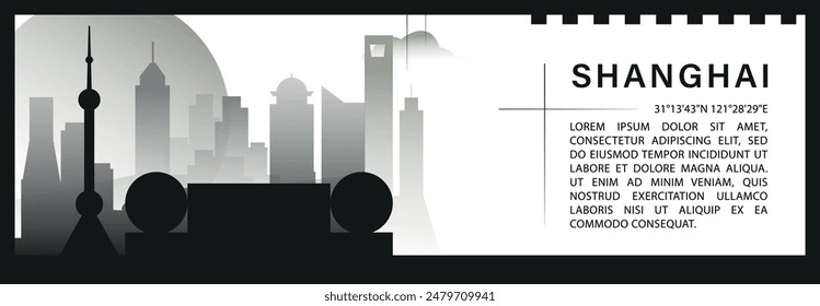 Anuncio de Vector del horizonte de Shanghai, silueta minimalista del paisaje urbano en blanco y negro. Gráfico Horizontal de la ciudad de China, infografía de viaje, diseño monocromo para el sitio web