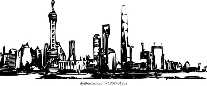 Shanghai skyline vector with ink pen