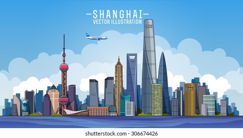 Shanghai skyline. Vector line  illustration