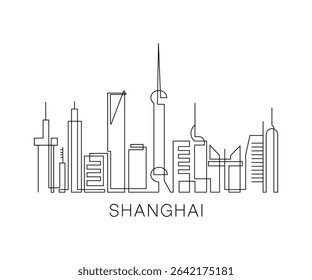 Shanghai stroke, single art skyline. Continuous urban panorama silhouette outline, vector illustration of China city with buildings, skyscrapers. Thin line icon, logo, card