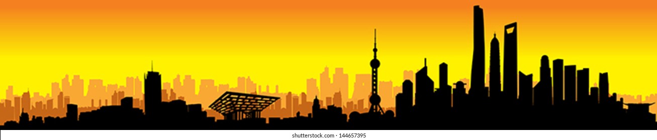 Shanghai Sunset City Skyline Silhouette vector artwork