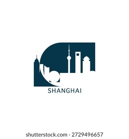 Shanghai vector icon with skyline, panoramic view, city shape. China landmarks logo concept. Blue flat isolated graphic, badge