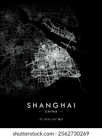 Shanghai vector map in black. Detailed map of Shanghai in China. Best free vector illustration. Tourist decorative street map.