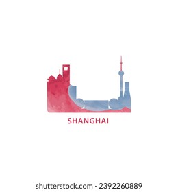 Shanghai watercolor cityscape skyline city panorama vector flat modern logo, icon. China megapolis emblem concept with landmarks and building silhouettes. Isolated graphic