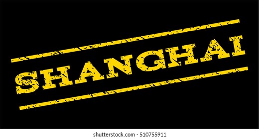 Shanghai watermark stamp. Text caption between parallel lines with grunge design style. Rubber seal stamp with dust texture. Vector yellow color ink imprint on a blue background.