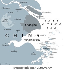 Shanghai And The Yangtze River Delta, Gray Political Map, With Major Cities. Megalopolis Of China, Located Where Yangtze River Drains Into East China Sea, With Hangzhou Bay And Zhoushan Archipelago.