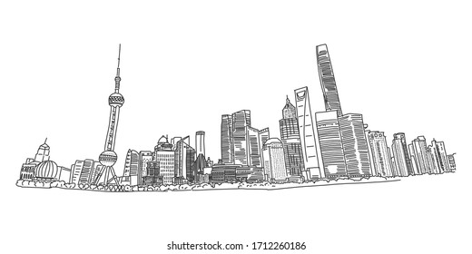 Shanghais empty embankment during pandemic, slide. Deserted streets, empty public transport, closed shops and restaurants during quarantine. High-rise buildings, beautiful architecture.