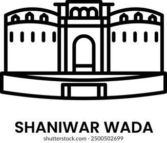 Shaniwar Wada, Pune, Maharastra, India. ícono de arte lineal minimalista, un Lugar famoso histórico para Web, App móviles e IU.
