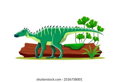 Shantungosaurus prehistoric dinosaur character. Isolated vector large herbivore dino with green striped skin, long tail standing at natural Late cretaceous period landscape with tree log and plants