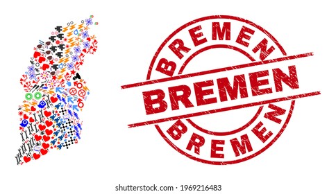 Shanxi Province map collage and Bremen red circle stamp. Bremen stamp uses vector lines and arcs. Shanxi Province map collage includes markers, houses, wrenches, suns, hands, and more pictograms.