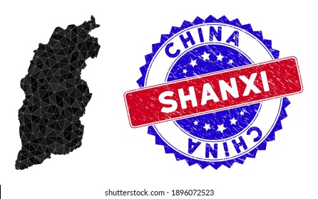 Shanxi Province map polygonal mesh with filled triangles, and rubber bicolor stamp. Triangle mosaic Shanxi Province map with mesh vector model, triangles have different sizes, and positions,