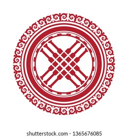 Shanyrak, Tundyuk, Toono - ein konstruktives Element, das die Kuppel des Jurts krönt. Traditionelles Ornament asiatischer Nomaden: Mongolen, Kazakhs, Kirghiz, Bashkirs, Tataren.
