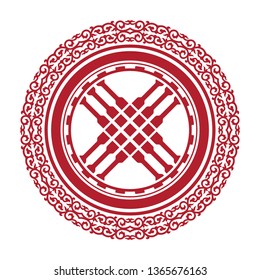Shanyrak, tundyuk, toono - a constructive element crowning the dome of the yurt. Traditional ornament of Asian nomads: Mongols, Kazakhs, Kirghiz, Bashkirs, Tatars.