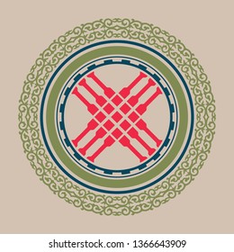 Shanyrak, tundyuk, toono - a constructive element crowning the dome of the yurt. Traditional ornament of Asian nomads: Mongols, Kazakhs, Kirghiz, Bashkirs, Tatars.