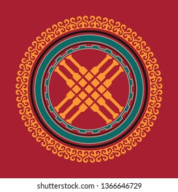 Shanyrak, Tundyuk, Toono - ein konstruktives Element, das die Kuppel des Jurts krönt. Traditionelles Ornament asiatischer Nomaden: Mongolen, Kazakhs, Kirghiz, Bashkirs, Tataren.