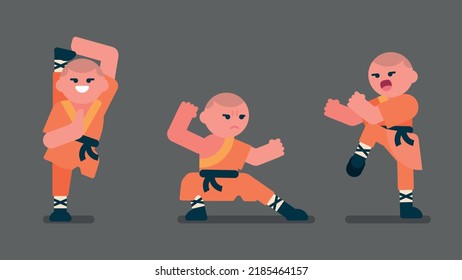 Shaolin boy with orange traditional dress play kung fu, training karate in gray temple, chinese kid practice to fight enemies, Flat avatar vector illustration.