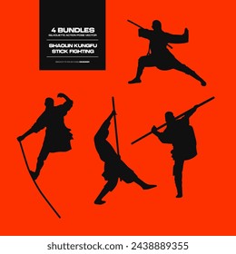 Shaolin Kungfu Stick Fighting Silhouette Action Pose Vector