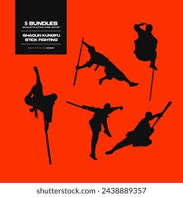 Shaolin Kungfu Stick Fighting Silhouette Action Pose Vector