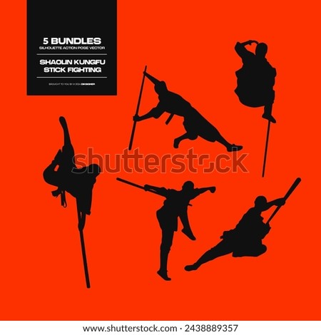 Shaolin Kungfu Stick Fighting Silhouette Action Pose Vector