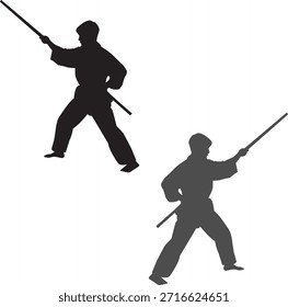 Shaolin Martial Art Two men practicing karate fight silhouette, Two karate men fighters in a match