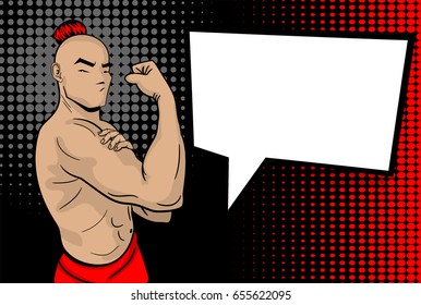 Shaolin master in pose We can do it. Hand drawn pop art strong man body. Black halftone back vector illustration. Retro cartoon buddhist character. Sport comic text empty speech babble. Male power.