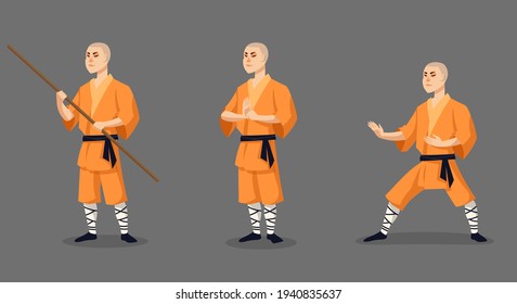 Shaolin monk in different poses. Male character in cartoon style.