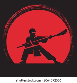 monje shaolin peleando kung fu o wushu. Artes marciales. Ilustración vectorial, figura en el fondo de la puesta de sol. Ilustración vectorial de la silueta de la técnica de lucha rápida. Logo moderno y simple para camisetas 