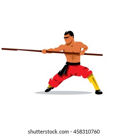 Shaolin monk with his staff. Vector Cartoon Illustration. Man practicing martial arts with a pole. Unusual Logo template isolated on a white background