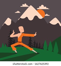 Shaolin monk kung fu master, vector illustration. Traditional oriental fighter training in mountains. Kung fu warrior cartoon character, Chinese martial arts, Shaolin monk in robe exercises in nature