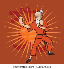 Shaolin monk practicing kung fu or wushu. Kung Fu hieroglyph. Martial art. Vector illustration, isolated on red background.