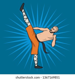 Shaolin monk practicing kung fu or wushu. Kung Fu hieroglyph. Martial art. Vector illustration, isolated on blue background.