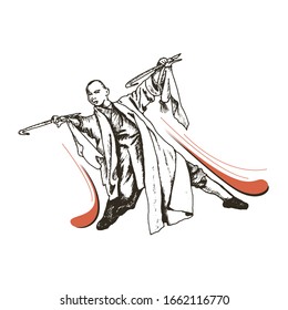 Shaolin Monk Standing in Fighting Pose Vector Illustration. Hand Drawn Male Wearing Long Clothing Training Body and Soul Concept