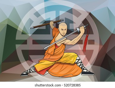 shaolin monk with sword and chinese "Lu" symbol (Prosperity) poster