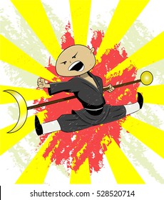 Shaolin monk trains his martial art skills. Cute illustration for t shirt print or other. Vector