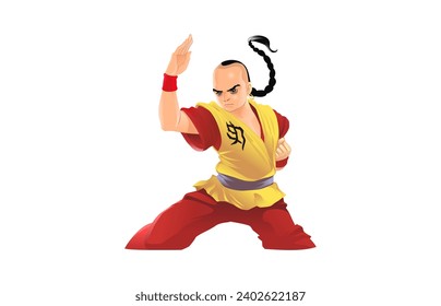 Shaolin warrior monk isolated on white background, vector illustration