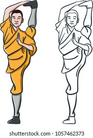 Shaolin warrior monk vector illustration. character design coloring page 