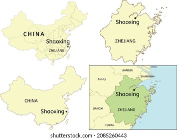 Shaoxing city location on map of China and Zhejiang Province