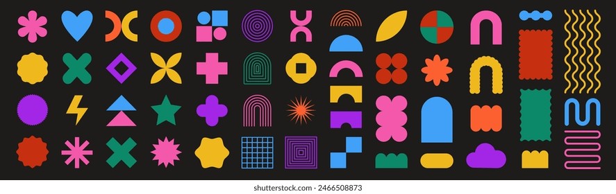 Shape abstract. Graphic vibrant colors geometric isolated element set, flower and star, figure retro sticker. Form simple. Poster modern geometry. Arch cloud wave star oval spiral. Vector tidy y2k