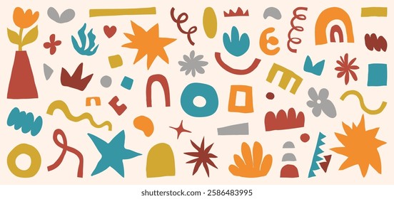 Shape abstract set vector illustration. Organic graphic design elements in naive modern flat style. Hand drawn doodle figure forms in retro color. Minimal simple cool trendy symbols.