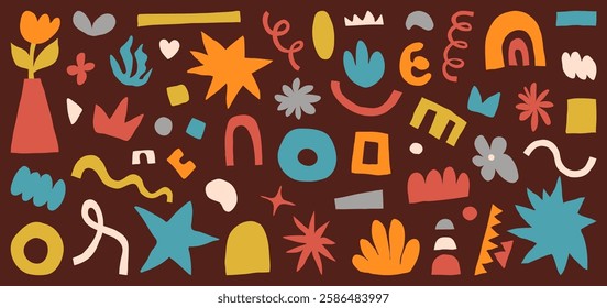 Shape abstract set vector illustration. Organic graphic design elements in naive modern flat style. Hand drawn doodle figure forms in retro color isolated on dark background. Minimal simple symbols.