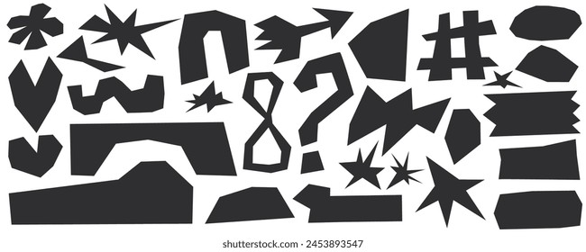 Shape abstract sticker cutout figure. Flower, arrow and heart shape with bold form. Cutout arch, star and question trendy y2k style. Playful vector illustration 